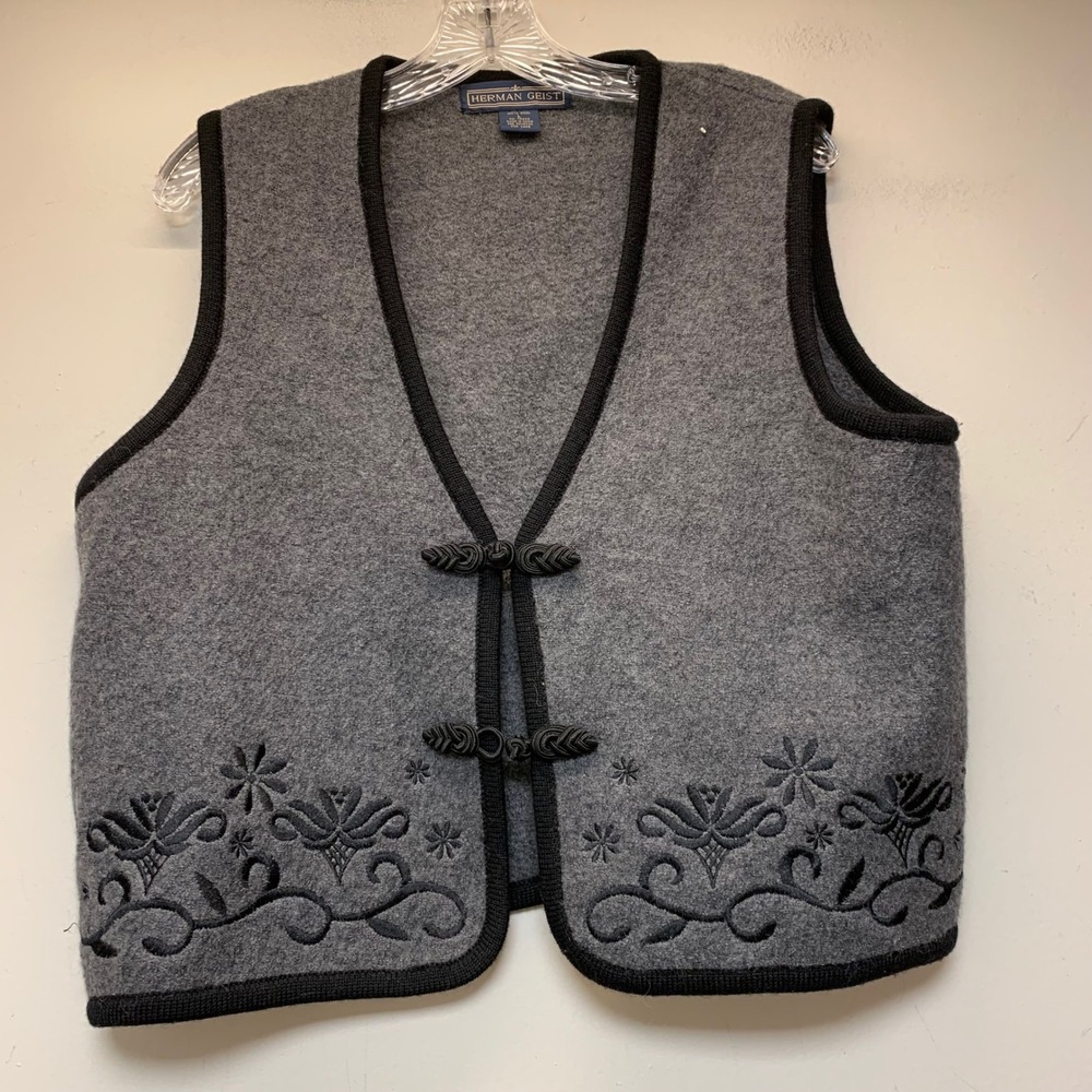 Herman Geist Wool Vest Womens Large Grey Excellent Embroidered Frog Closure